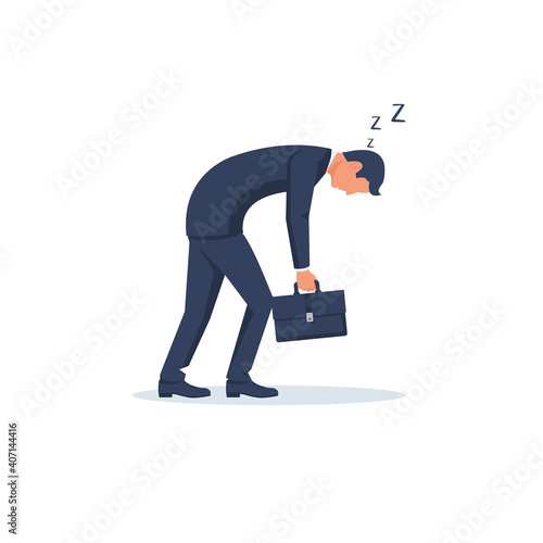 Tired businessman. Overworked human. Vector illustration flat design. Isolated on background. Office workplace. Fatigue from the job. Frustrated sad businessman.