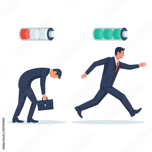 A weak person and a businessman full of energy. Running and sleeping man. Energy and tired. Vector illustration flat design. Isolated on white background.