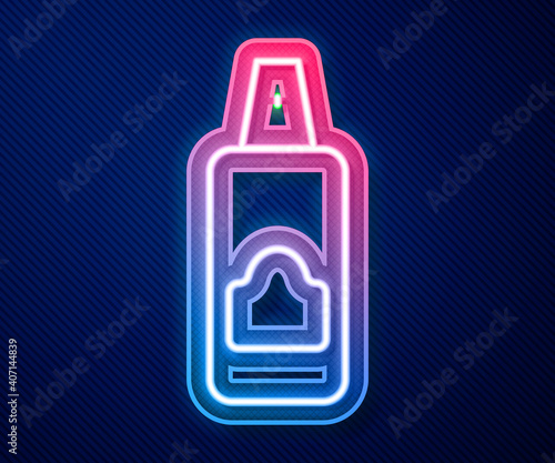 Glowing neon line Spray can for hairspray, deodorant, antiperspirant icon isolated on blue background. Vector.