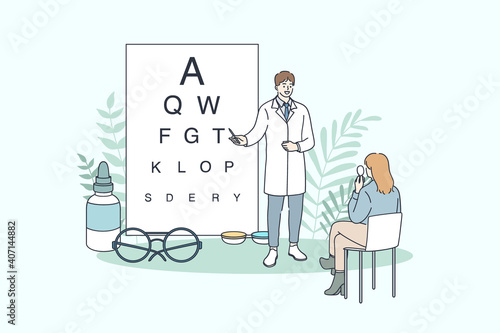 Ophthalmology and ophthalmologist concept. Young man doctor ophthalmologist making eye test using chart for sitting woman patient vector illustration