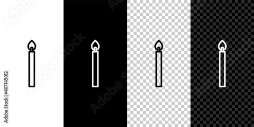 Set line Burning candle icon isolated on black and white,transparent background. Cylindrical candle stick with burning flame. Vector.