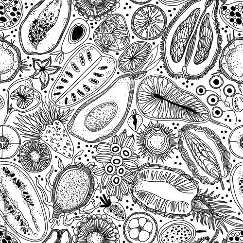 Tropisian fruit slices seamless pattern in doodle style. Black and white exotic fruits. Hand drawn vector illustration on white background