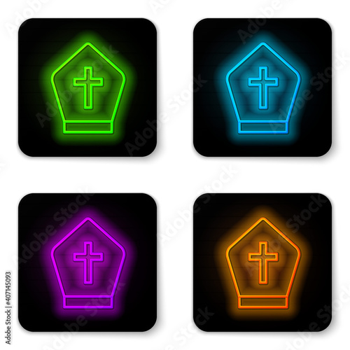Glowing neon line Pope hat icon isolated on white background. Christian hat sign. Black square button. Vector.