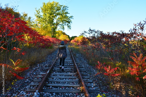 Photography Beautiful old train railway in autumn