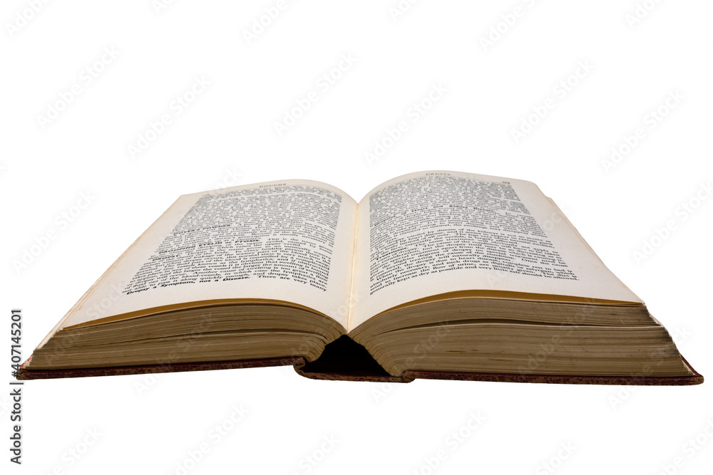 Old book open with pages displaying text. Book is against a white background. Old book open with pages displaying text. Book is against a white background.