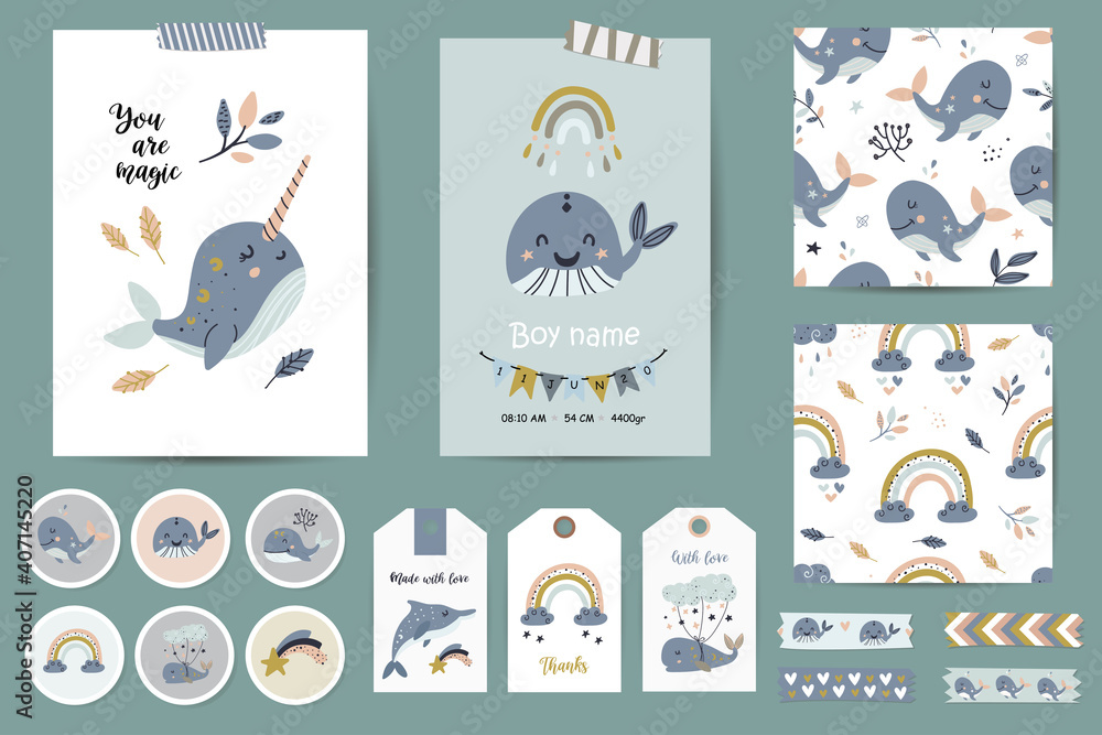 Set of cards, notes, stickers, labels, stamps, tags with whales and rainbows illustrations for boys