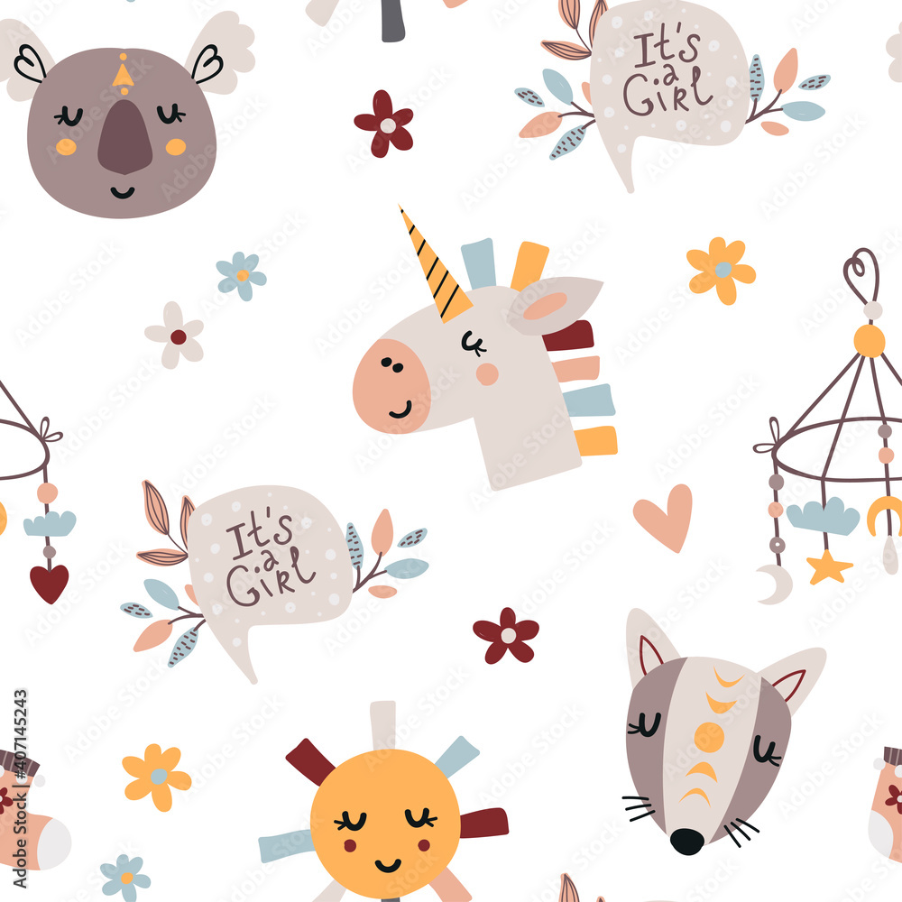 Bohemian seamless pattern with cute baby elements for girls