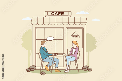 Coffee shop and cafeteria concept. Young smiling couple cartoon characters sitting outdoors drinking coffee and chatting in cafeteria vector illustration