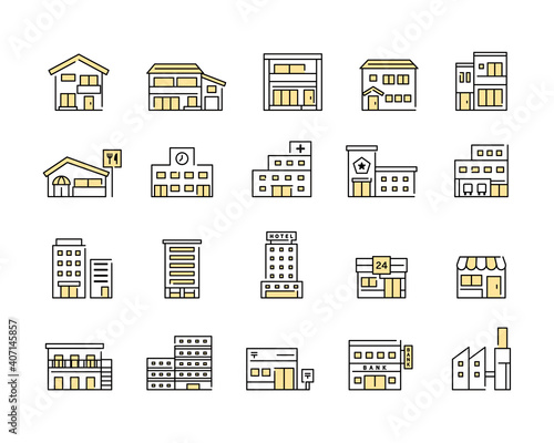 色々な建物・施設のアイコンセット　ビル　家　イラスト　住宅　マンション　ホテル　お店　学校　病院