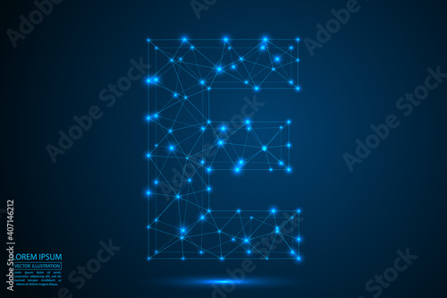 English letters abstract font consists 3d of triangles, lines, dots and connections. On a dark blue background cosmic universe stars, meteorites, galaxies. Vector illustration EPS 10.