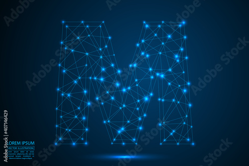 English letters abstract font consists 3d of triangles, lines, dots and connections. On a dark blue background cosmic universe stars, meteorites, galaxies. Vector illustration EPS 10.