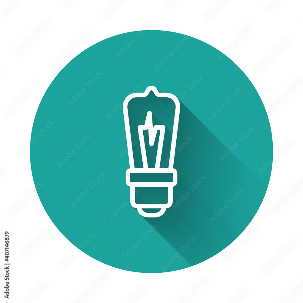 White line Light bulb with concept of idea icon isolated with long shadow background. Energy and idea symbol. Inspiration concept. Green circle button. Vector.