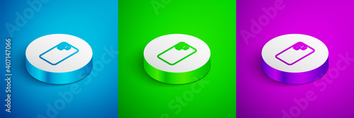Isometric line Smartphone, mobile phone icon isolated on blue, green and purple background. White circle button. Vector.