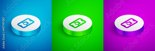 Isometric line System bug on mobile icon isolated on blue, green and purple background. Code bug concept. Bug in the system. Bug searching. White circle button. Vector.