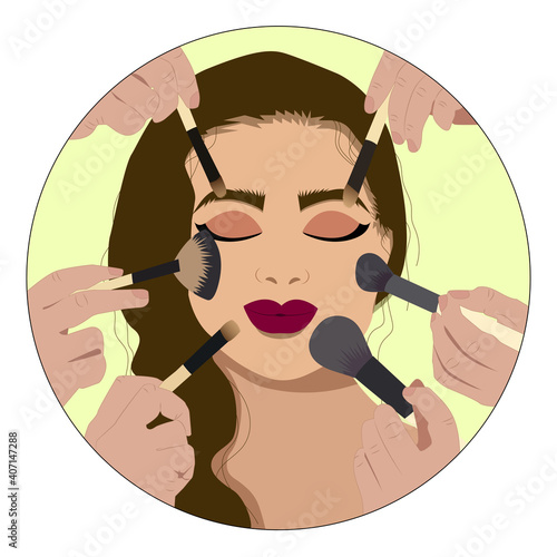 Beauty industry illustration. Hands with makeup brushes. Beautiful woman is doing make over. Lipstick, blush, brows.