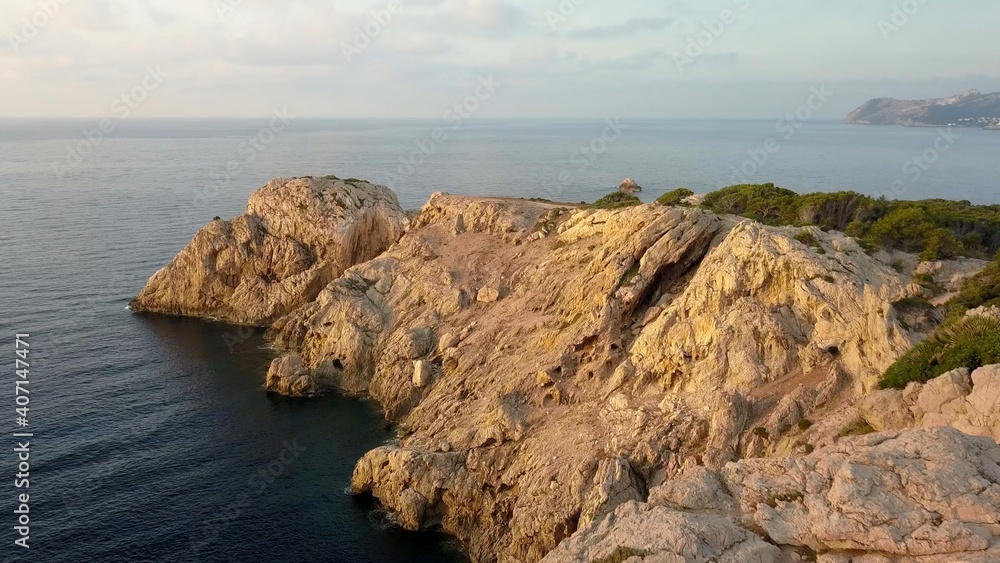 Aerial Shot of Rock Cliff Mediterranean Sea Coastline in Mallorca