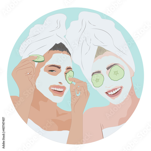 Two girls with clay mask having  fun together. Cucumbers on the eyes. Towels, smile, happy. Cosmetic procedures. Beautiful ladies.
