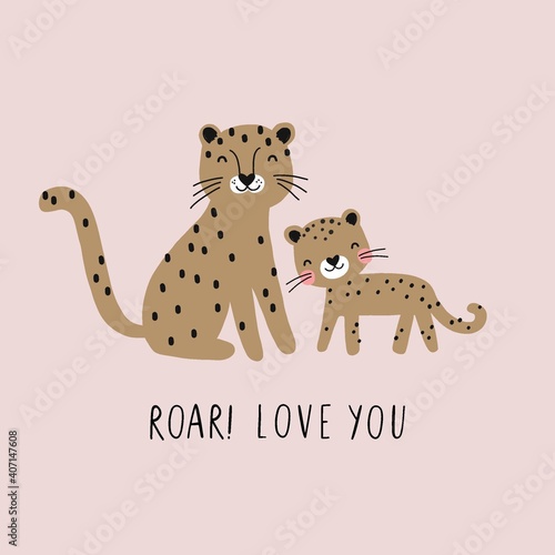 Vector card with cute leopard. Flat style print for kids