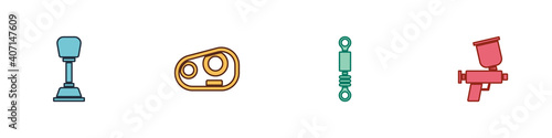 Set Gear shifter, Car headlight, Shock absorber and Paint spray gun icon. Vector.