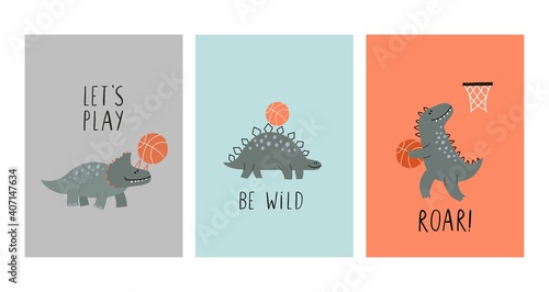 Cute Dinosaurs playing basketball - vector illustration in flat style. Cartoon dino with basketball