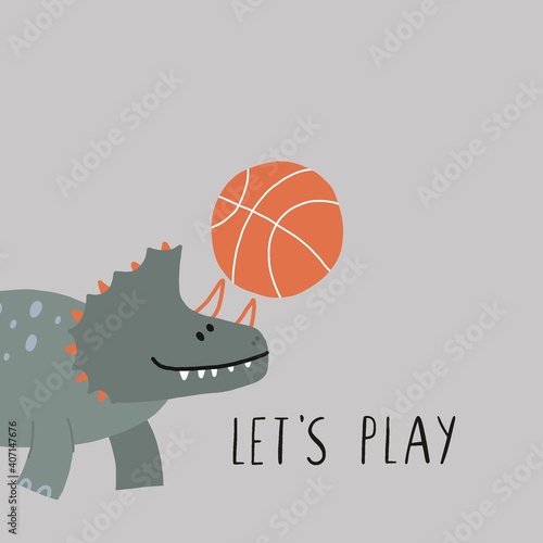 Cute Dinosaurs playing basketball - vector illustration in flat style. Cartoon dino with basketball