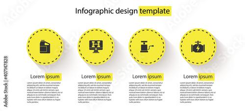 Set Canister for motor oil, Diagnostics condition of car, Car air pump and Check engine. Business infographic template. Vector.
