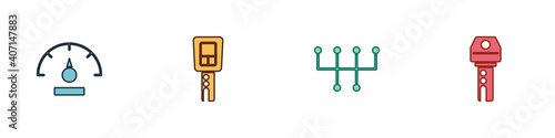 Set Speedometer, Car key with remote, Gear shifter and icon. Vector.