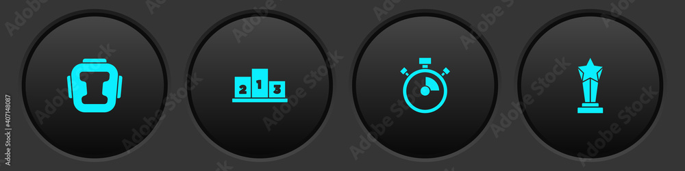 Set Boxing helmet, Award over sports winner podium, Stopwatch and cup icon. Vector. Set Boxing helmet, Award over sports winner podium, Stopwatch and cup icon. Vector.