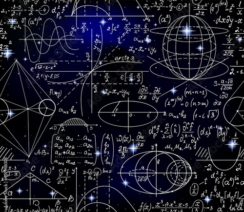 Vector scientific seamless backround with handwritten mathematical formulas, figures, calculations © Marina Sun