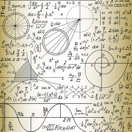 Scientific math vector seamless pattern with handwritten formulas, geometrical figures and equations, old paper effect