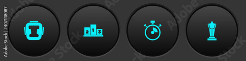 Set Boxing helmet, Award over sports winner podium, Stopwatch and cup icon. Vector.