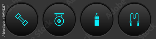 Set Chest expander, Gong, Punching bag and Jump rope icon. Vector.