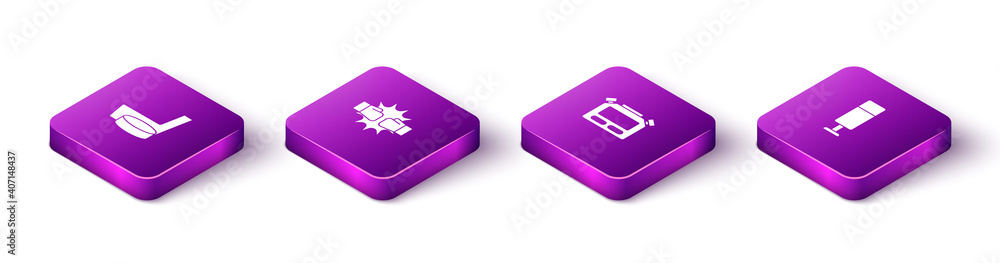 Set Isometric Ice hockey stick and puck, Punch in boxing gloves, Stopwatch and Punching bag icon. Vector. Set Isometric Ice hockey stick and puck, Punch in boxing gloves, Stopwatch and Punching bag icon. Vector.