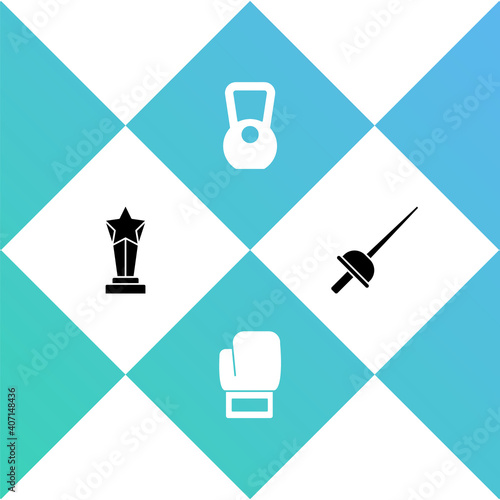 Set Award cup, Boxing glove, Kettlebell and Fencing icon. Vector.