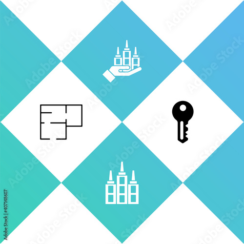 Set House plan, Skyscraper, and key icon. Vector.