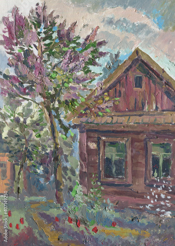 country house and blooming lilac painting