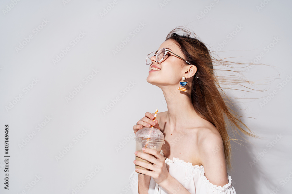 Beautiful woman accessories decorating drink white dress Beautiful woman accessories decorating drink white dress