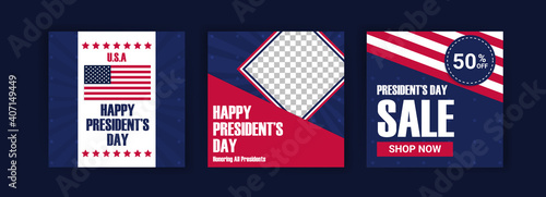 US President's Day greeting card displayed with the national flag of the United States of America. Social media templates for US president's day.