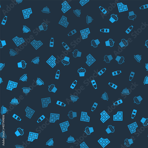 Set Chocolate bar, Bottle with milk, Cake and Pudding custard on seamless pattern. Vector.