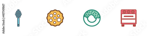 Set Honey dipper stick, Cookie or biscuit, Donut and Oven icon. Vector.