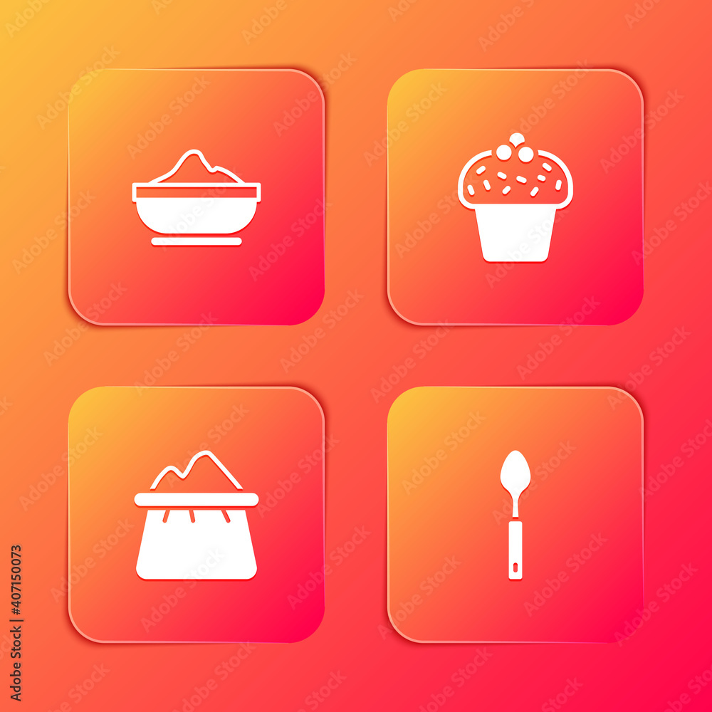 Set Flour bowl, Cake, Bag of flour and Spoon icon. Vector. Set Flour bowl, Cake, Bag of flour and Spoon icon. Vector.