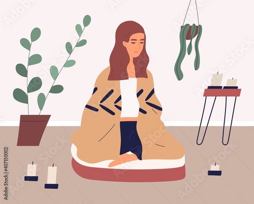 Woman meditating in cross legged posture on yoga cushion. Relaxed person practicing mindfulness or vipassana meditation and breath control exercises at home. Colored flat vector illustration