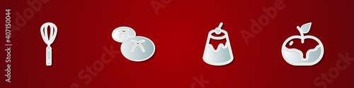 Set Kitchen whisk, Bread loaf, Pudding custard and Apple caramel icon. Vector.