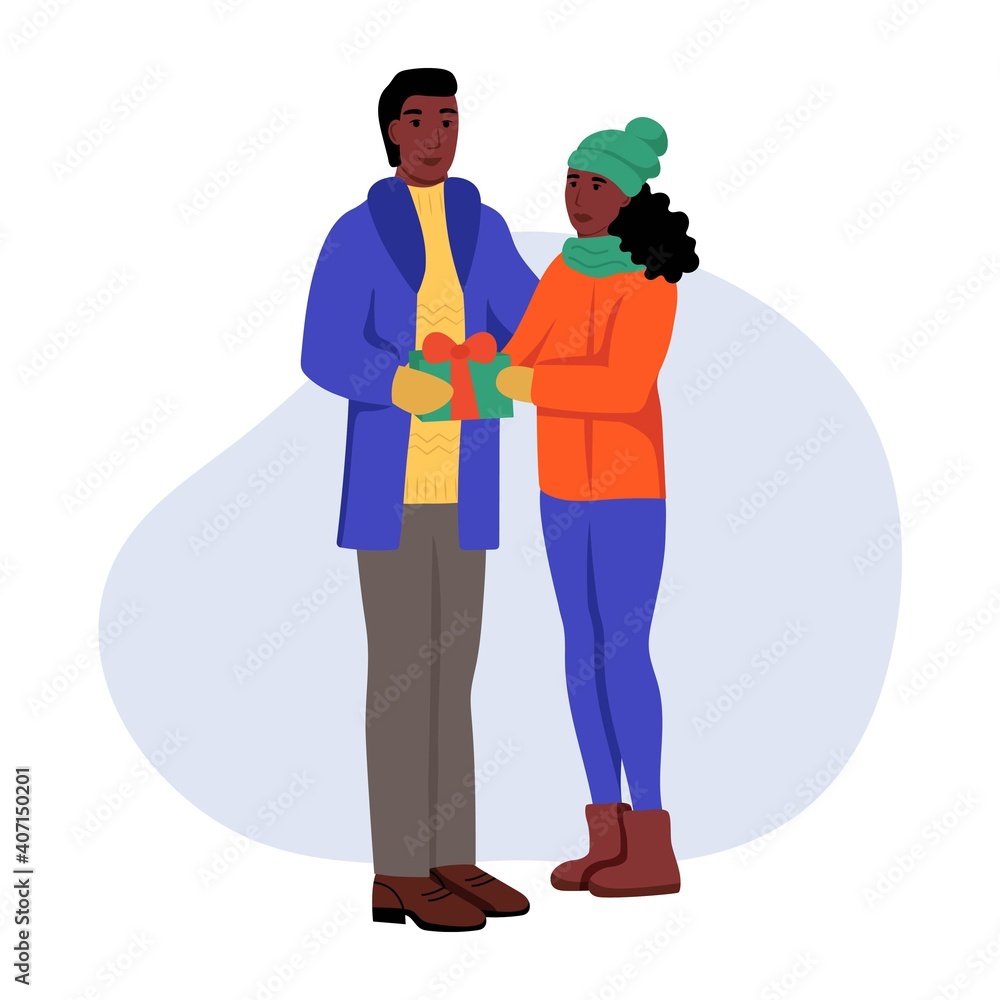 A young man and a woman in winter clothes with gifts in their hands. A couple in love exchanges gifts. Flat cartoon vector illustration. Valentine's Day