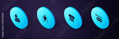Set Isometric Street signboard with Beer, T-shirt, brewing process and bottle icon. Vector.