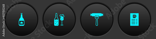 Set Beer bottle, and glass, Sausage on the fork and menu icon. Vector.