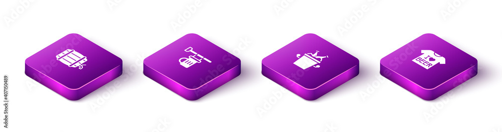 Set Isometric Wooden barrel on rack, Signboard with glass of beer, Beer bottles in ice bucket and T-shirt icon. Vector. Set Isometric Wooden barrel on rack, Signboard with glass of beer, Beer bottles in ice bucket and T-shirt icon. Vector.
