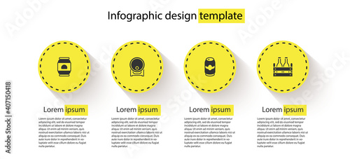 Set Beer can, Wooden barrel on rack, and Pack of beer bottles. Business infographic template. Vector.