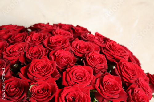 Luxury bouquet of fresh red roses on light background  closeup