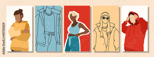 Hand drawn abstract woman faces in line art style, set of trendy posters, modern minimalism art, aesthetic contour